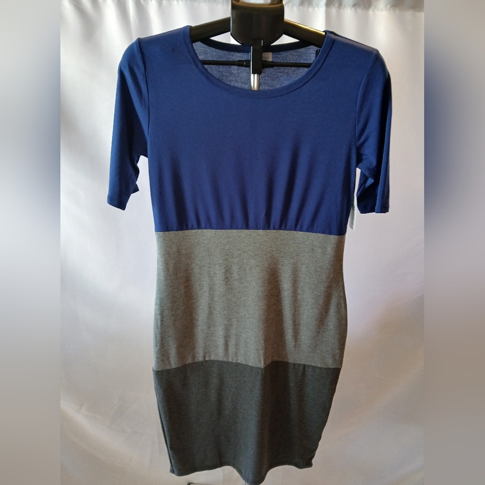 NWT LuLaRoe Julia Dress Womens Small Blue Gray Colorblock Elbow Sleeve Sheath‎